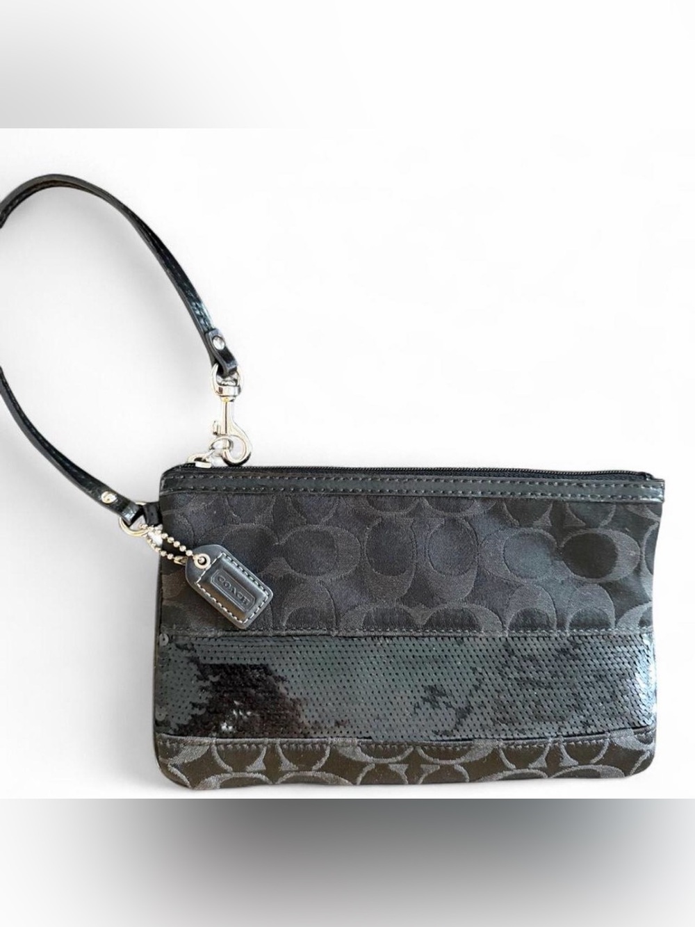Coach Black Signature Wristlet with Sequin Accent Stripe with Hang tag